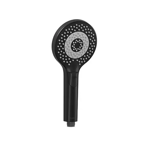 Schwarze Handbrause von Kludi mit runden Düsen und ergonomischem Griff. Das Design ist schlicht und funktional, ideal für Badezimmer.